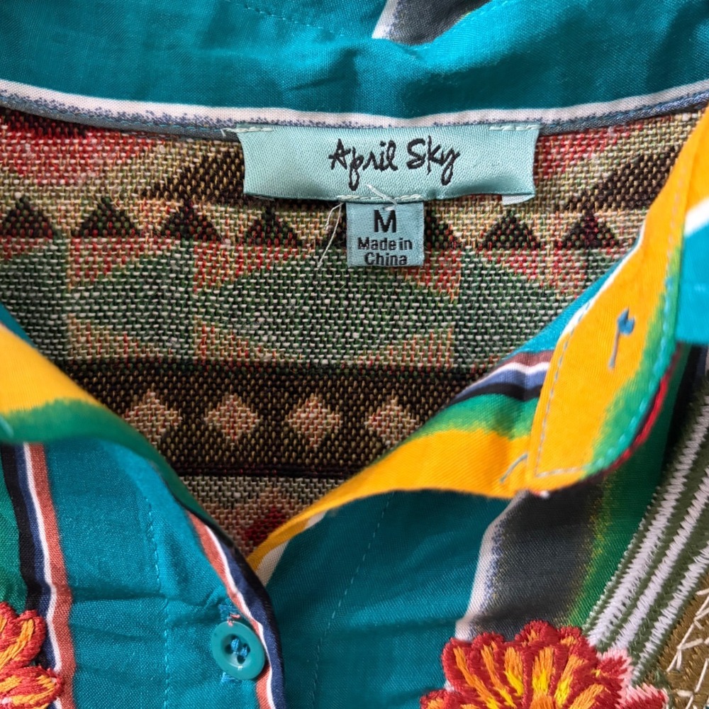 April Sky Embroidered Cactus Serape Stripe Maxi Shirt Dress Boho Western M - Picture 4 of 11